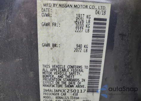 2018 Nissan Altima 2.5 из США, поврежденный, VIN 1N4AL3APXJC250117